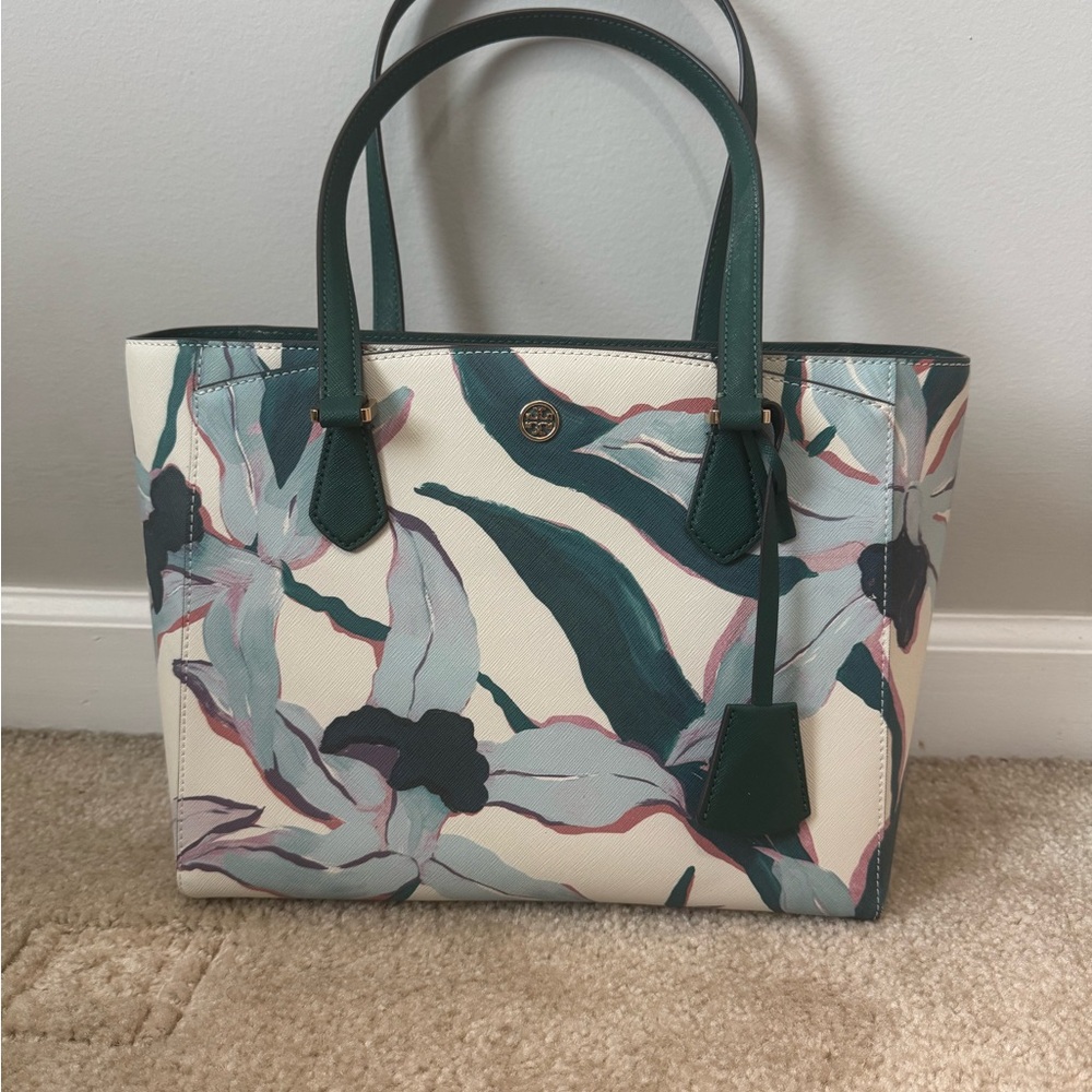 Tory Burch Floral Tote Bag - Green and Cream